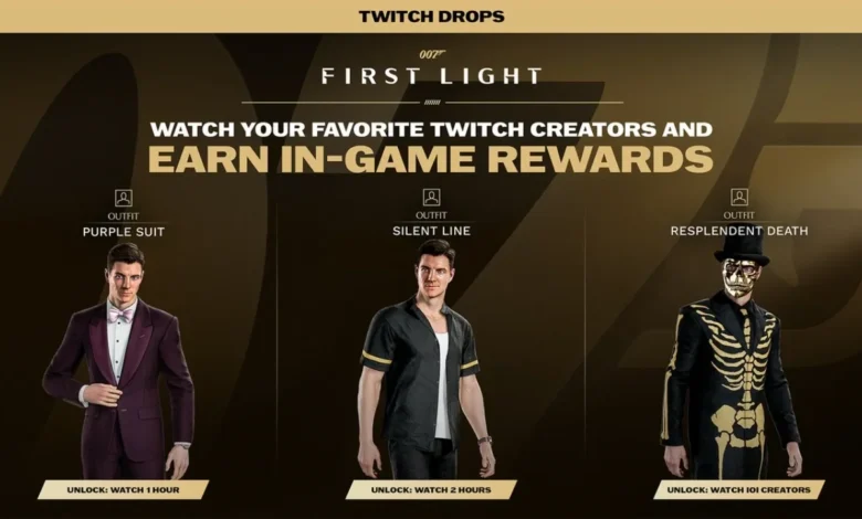 Promotional graphic for 007 First Light Twitch Drops showcasing three earnable character outfits: Purple Suit, Silent Line, and Resplendent Death.