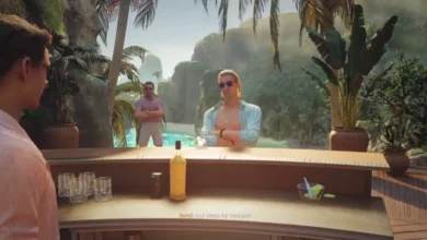 A video game scene featuring a dialogue between Bond and a man behind an outdoor bar at a tropical resort.