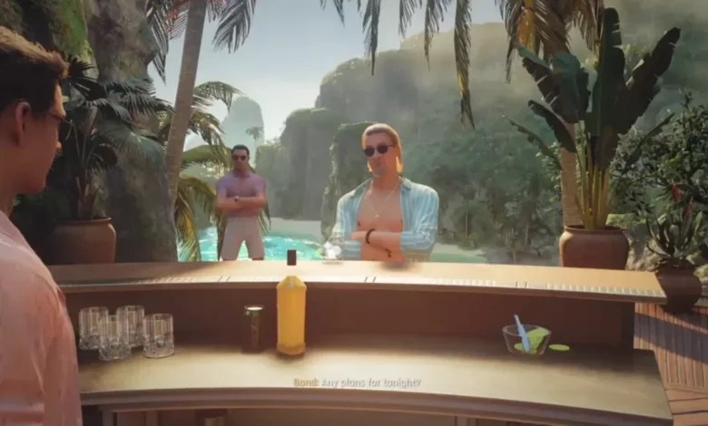 A video game scene featuring a dialogue between Bond and a man behind an outdoor bar at a tropical resort.