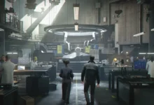 Two people walk into a vast, futuristic research laboratory filled with scientists, robotic equipment, and digital monitors.