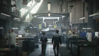 Two people walk into a vast, futuristic research laboratory filled with scientists, robotic equipment, and digital monitors.