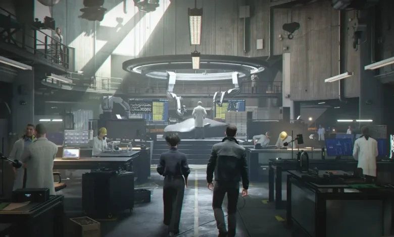 Two people walk into a vast, futuristic research laboratory filled with scientists, robotic equipment, and digital monitors.