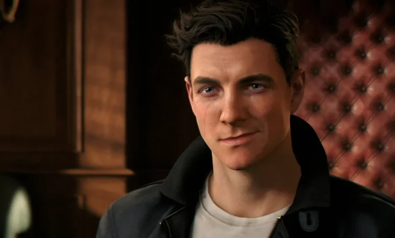 Close-up portrait of Harry Osborn from Marvel's Spider-Man 2 smirking while wearing a dark leather jacket against a background of wood paneling and red tufted upholstery.