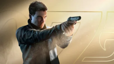 A man in a dark jacket aims a handgun against a golden backdrop featuring a stylized 007 logo.