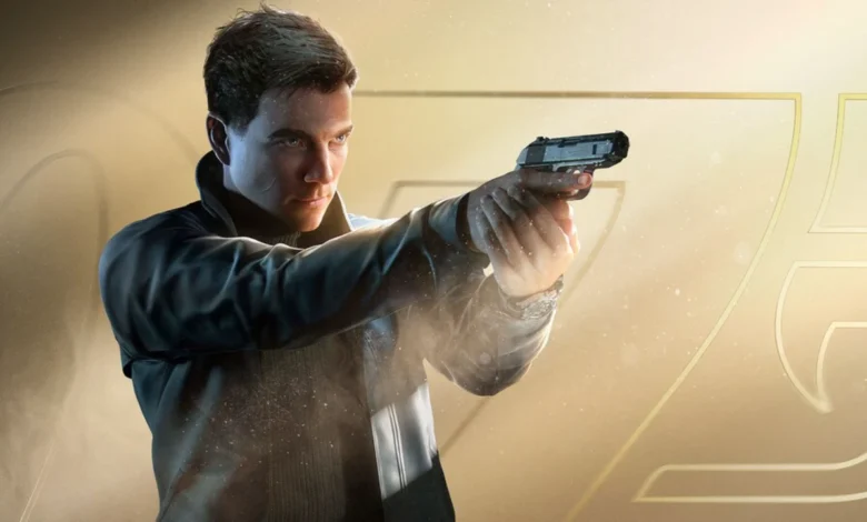 A man in a dark jacket aims a handgun against a golden backdrop featuring a stylized 007 logo.