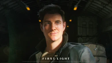 Close-up promotional image of a young James Bond with a slight smirk and a facial scar, set in a dimly lit hangar for 007 First Light.