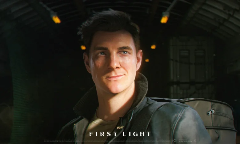Close-up promotional image of a young James Bond with a slight smirk and a facial scar, set in a dimly lit hangar for 007 First Light.