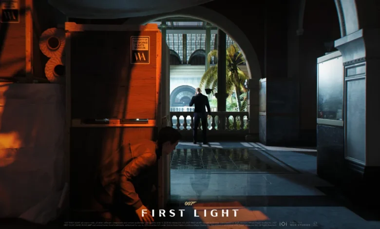 A person crouches behind shipping crates in a dimly lit museum, observing a man in a tuxedo who stands on a balcony overlooking a courtyard.