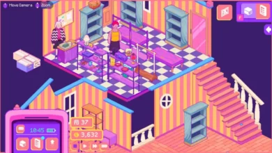 A vibrant, isometric pixel-art video game scene of characters browsing inside a colorful two-story boutique.