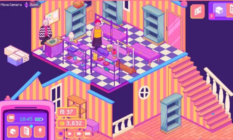 A vibrant, isometric pixel-art video game scene of characters browsing inside a colorful two-story boutique.
