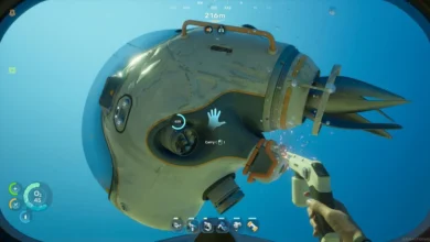First-person perspective of a player repairing a damaged small submersible underwater with a handheld tool that is emitting sparks.