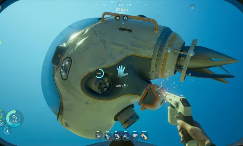 First-person perspective of a player repairing a damaged small submersible underwater with a handheld tool that is emitting sparks.