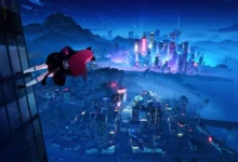 A pink-haired anime character stands on the side of a glass skyscraper overlooking a sprawling, neon-lit futuristic city at night.