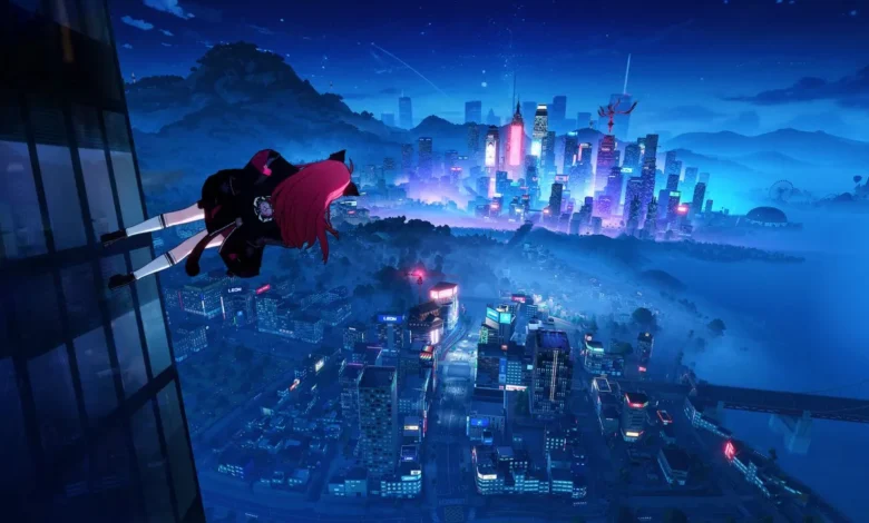 A pink-haired anime character stands on the side of a glass skyscraper overlooking a sprawling, neon-lit futuristic city at night.