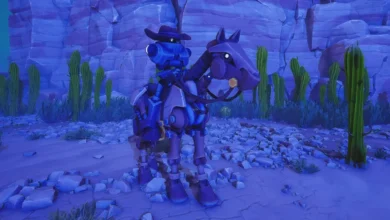 A purple robotic cowboy riding a mechanical horse through a blue-lit desert landscape with cacti and towering rock formations.