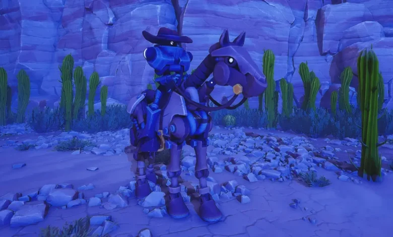 A purple robotic cowboy riding a mechanical horse through a blue-lit desert landscape with cacti and towering rock formations.
