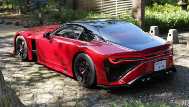A sleek red sports car with a black roof parked on a cobblestone path in a peaceful garden setting.
