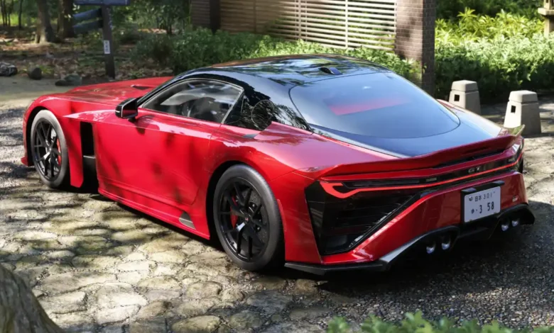 A sleek red sports car with a black roof parked on a cobblestone path in a peaceful garden setting.