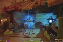 A glowing blue spectral cowboy stands inside a rustic wooden shack with a video game interaction prompt to whisper a code.