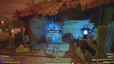 A glowing blue spectral cowboy stands inside a rustic wooden shack with a video game interaction prompt to whisper a code.