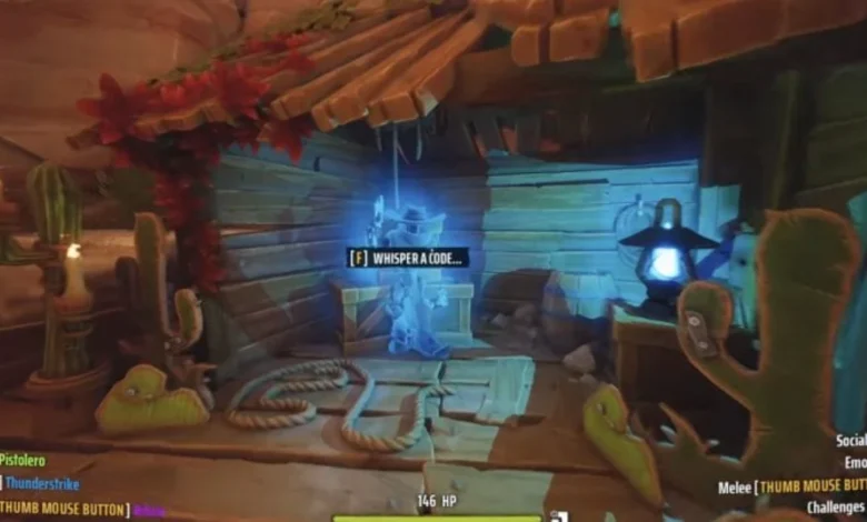 A glowing blue spectral cowboy stands inside a rustic wooden shack with a video game interaction prompt to whisper a code.
