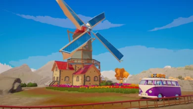 A stylized, futuristic windmill house with solar-panel sails stands in a vibrant flower field next to a purple camper van.