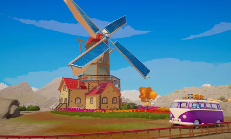 A stylized, futuristic windmill house with solar-panel sails stands in a vibrant flower field next to a purple camper van.