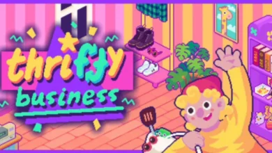 A colorful pixel art title card for the game "Thrifty Business" featuring a waving character in a room filled with retro items.