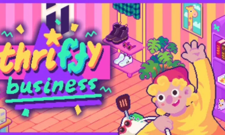 A colorful pixel art title card for the game "Thrifty Business" featuring a waving character in a room filled with retro items.