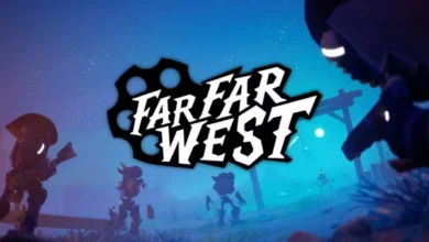 Promotional title card for "Far Far West" featuring robotic cowboy characters in a moonlit, blue-tinted western landscape.