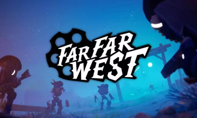 Promotional title card for "Far Far West" featuring robotic cowboy characters in a moonlit, blue-tinted western landscape.