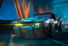 A LEGO Batmobile speeds across a wet, neon-lit bridge at night.