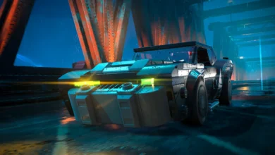 A LEGO Batmobile speeds across a wet, neon-lit bridge at night.