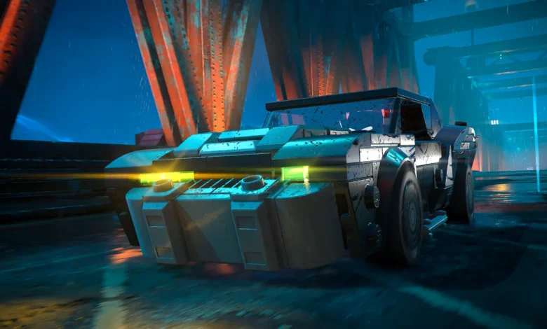 A LEGO Batmobile speeds across a wet, neon-lit bridge at night.