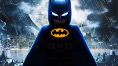 LEGO Batman stands heroically in front of a rainy Gotham City skyline under a large, glowing full moon.
