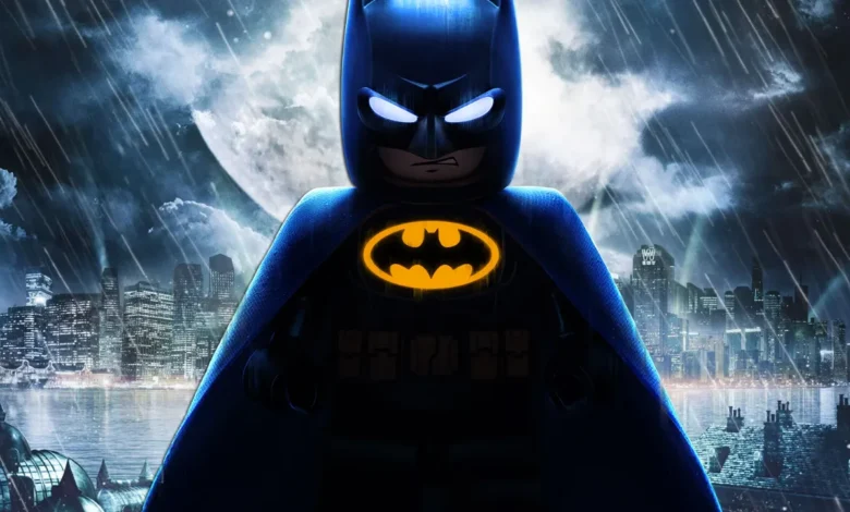 LEGO Batman stands heroically in front of a rainy Gotham City skyline under a large, glowing full moon.
