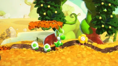 Green Yoshi stands on a path of yellow leaves between two spotted eggs and a smiling yellow flower in a bright, handcrafted world.