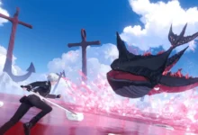 A white-haired swordsman faces off against a massive black and red whale creature in a surreal landscape with red water and towering anchors.