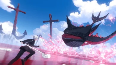 A white-haired swordsman faces off against a massive black and red whale creature in a surreal landscape with red water and towering anchors.