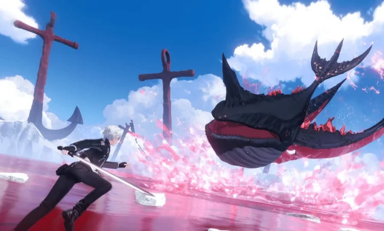 A white-haired swordsman faces off against a massive black and red whale creature in a surreal landscape with red water and towering anchors.