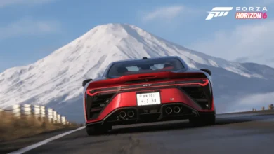 Rear view of a red sports car driving on an open road toward Mount Fuji in a promotional graphic for Forza Horizon 6.