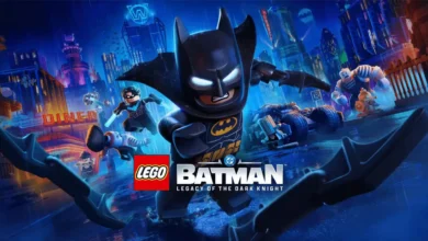 LEGO Batman stands heroically in front of a rainy Gotham City skyline under a large, glowing full moon.