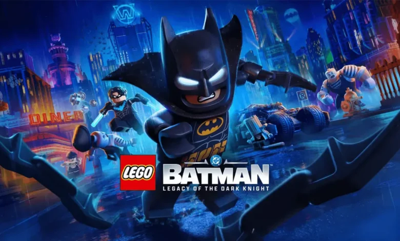 LEGO Batman stands heroically in front of a rainy Gotham City skyline under a large, glowing full moon.