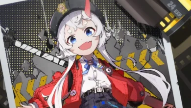 An enthusiastic anime-style girl with white hair and a single red horn poses against a backdrop of crumbling concrete and yellow warning markers.