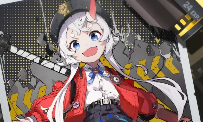An enthusiastic anime-style girl with white hair and a single red horn poses against a backdrop of crumbling concrete and yellow warning markers.