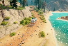 An orange camper van travels along a winding dirt road overlooking a bright turquoise lake in a stylized mountain landscape.