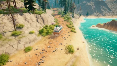 An orange camper van travels along a winding dirt road overlooking a bright turquoise lake in a stylized mountain landscape.
