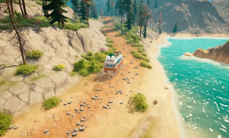 An orange camper van travels along a winding dirt road overlooking a bright turquoise lake in a stylized mountain landscape.