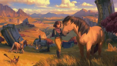 A young woman shares a gentle moment with her horse in a vast, golden-lit fantasy landscape of mountains and ancient ruins.