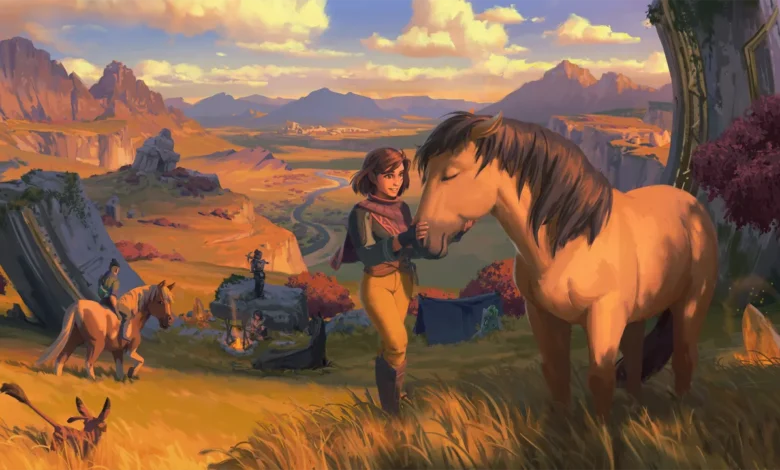 A young woman shares a gentle moment with her horse in a vast, golden-lit fantasy landscape of mountains and ancient ruins.